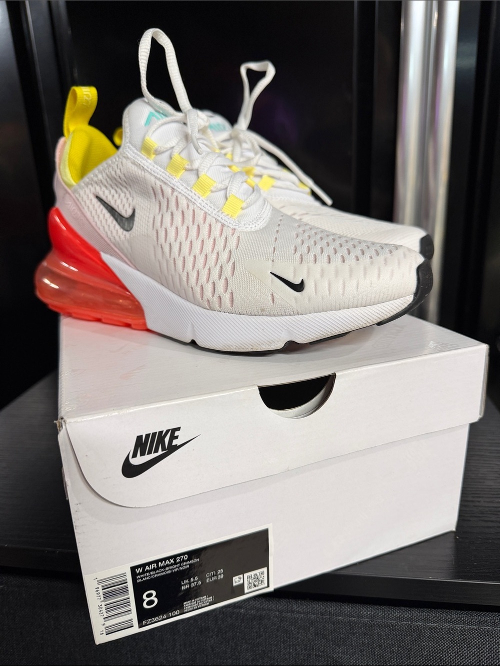 Nike women’s White Sneakers with Yellow Pull Tab & Red Air Heel